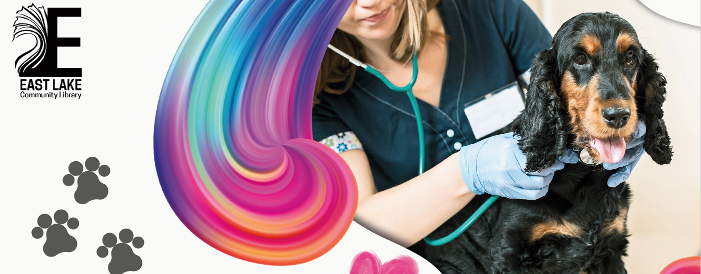 Rainbow swirl, vet listening to dogs heart, East Lake Library logo